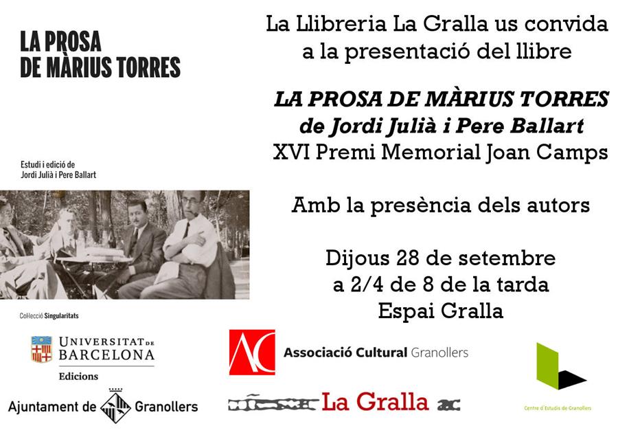 Presentació del llibre La prosa de Màrius Torres - Llibreria La Gralla | Llibreria online de Granollers