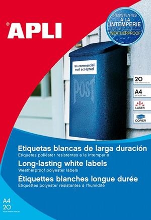 ETIQUETES A4 IMPRESORA 64,6X33,8MM. 20 UN RESISTENT INTEMPERIE | 8410782012269 | APL01226 | Llibreria La Gralla | Librería online de Granollers