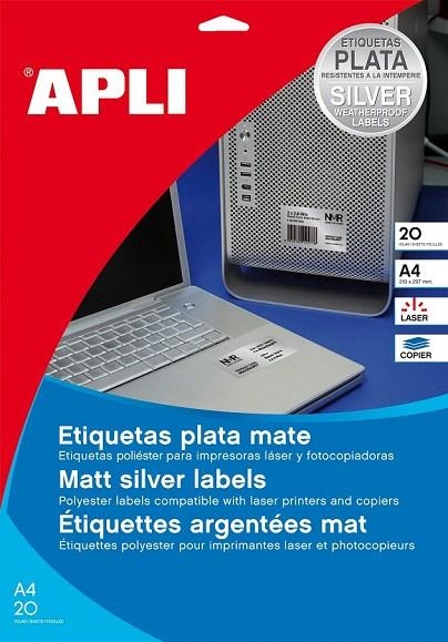 ETIQUETA IMPRESORA A4 210X297 POLIESTER PLATA 20UN | 8410782100713 | APL10071 | Llibreria La Gralla | Llibreria online de Granollers