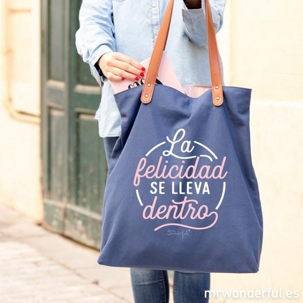 BOLSO DE TELA MR. WONDERFUL "LA FELICIDAD SE LLEVA DENTRO" | 8435460713863 | MR. WONDERFUL | Llibreria La Gralla | Librería online de Granollers