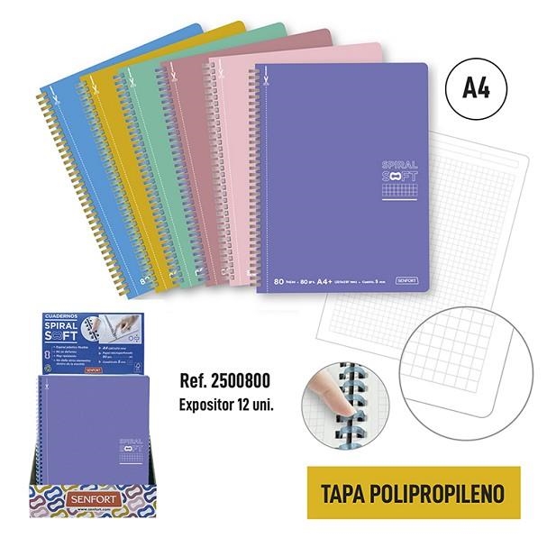 LLIBRETA A4 SENFORT QUADRICULA ESPIRAL SOFT 80 F 5MM COLORS | 8412885234371 | 2500800 | Llibreria La Gralla | Librería online de Granollers