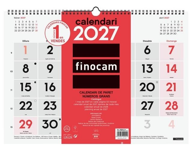 CALENDARI 2027 FINOCAM PARET NUMEROS GRANS | 8422952420910 | 780040027 | Llibreria La Gralla | Llibreria online de Granollers